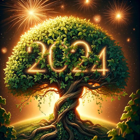 A festive and symbolic illustration for the New Year 2024, featuring a majestic tree rich in foliage, symbolizing growth and strength. The tree's bran
