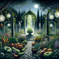 Illustration d'un potager enchanté intitulé 'Le Jardin des Ombres'. Au milieu des plantes luxuriantes, on trouve des légumes variés comme des tomates,